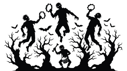 Obraz premium Spooky zombie band playing musical instruments as a festive vector graphic illustration for halloween holiday design