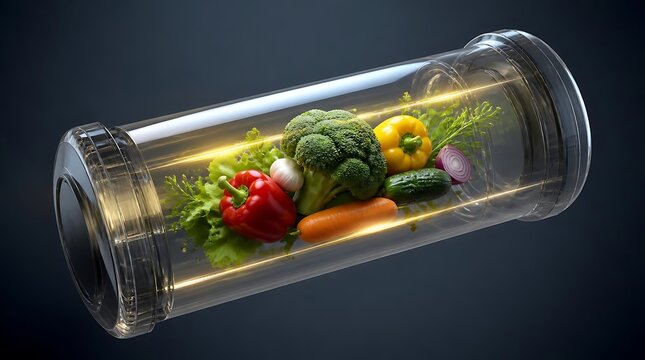 Fresh assorted vegetables floating inside transparent cylindrical container.