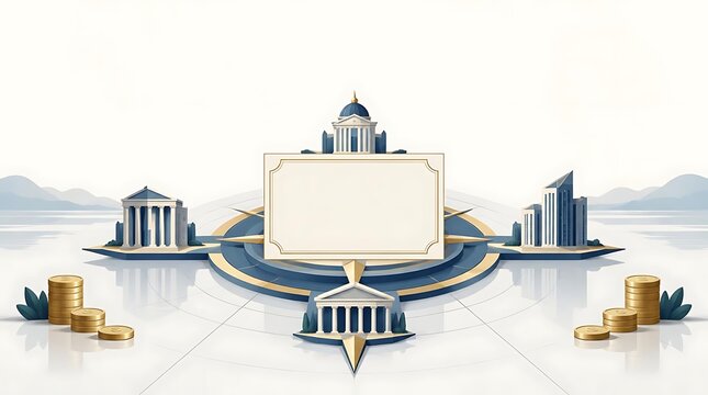 Conceptual illustration of global financial buildings and gold coins on a compass base with a central blank frame for banking and investment strategy themes.
