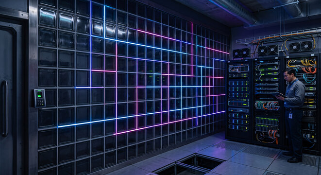 IT engineer standing by a glowing glass neon linear data wall in a modern server room