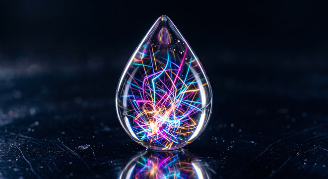 Transparent glass optical node encapsulating glowing neon linear data fibers