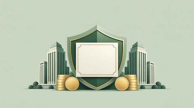3D render of a green shield with blank frame, gold coins, and city skyscrapers symbolizing financial protection, real estate insurance, and wealth security concept.