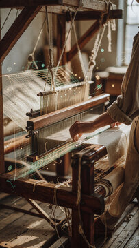 Weaver operates an antique wooden loom to create white fabric in a workshop. Glowing digital grid overlays and holographic icons float around the intricate thread pattern under soft sunlight.