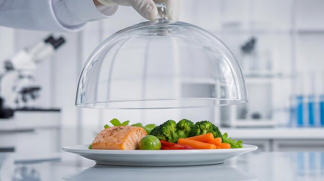 Fresh salad dish under glass cloche dome in laboratory.