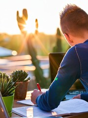 Obraz premium Young Male Student Writing Thesis Paper at Desk During Golden Hour Sunset