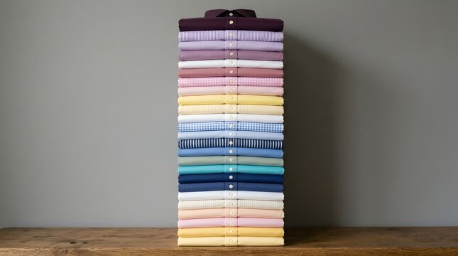 Neatly folded colorful collared shirts piled high into a tall stack representing fashion retail and organization.
