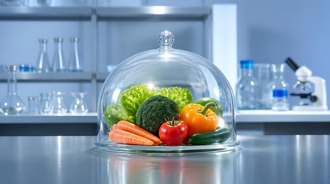 Fresh vegetables displayed under laboratory glass cloche dome.