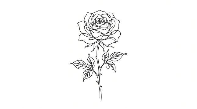 Continuous single line drawing of a rose flower with leaves on a white background with creates detailed outline continuous black illustration minimalistic decorative minimalism monochrome bloom