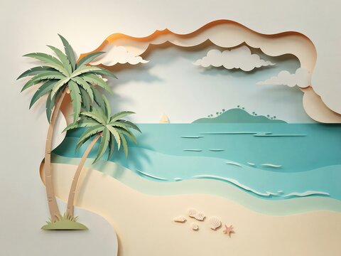Tropical beach view framed by paper cut clouds and palm trees with a sandy shore, ocean waves, and small seashells on a light background.