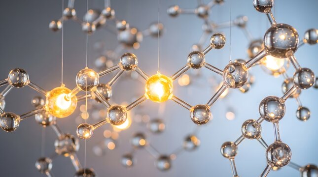 Illuminated atomic structure illustrating chemical reactions and scientific discovery. 3D rendered abstract biology concept.