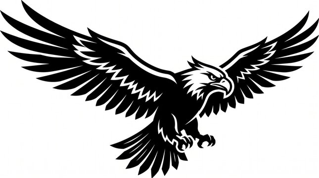 Black and white vector illustration of a powerful eagle soaring with wings fully spread wide with white graphic aggressive flying wings extended stylized black silhouette minimalist wildlife art