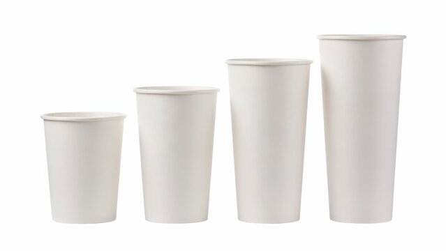 Four different sizes of white paper cups aligned in a row isolated on white background. Ideal for beverage packaging and cafe branding mockups.
