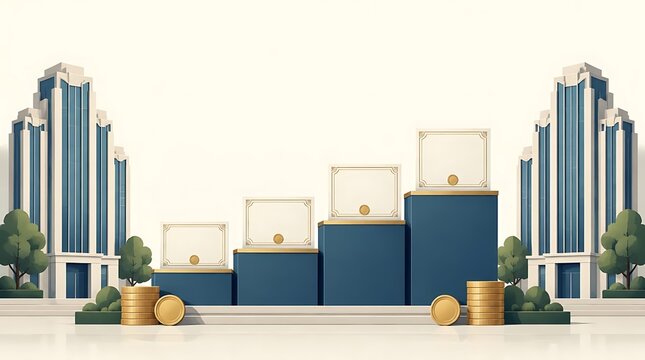 Corporate success illustration with ascending pedestals, blank certificates, and gold coins between skyscrapers, symbolizing career growth and financial milestones.
