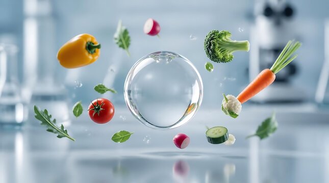 Fresh vegetables suspended midair around empty glass bowl.