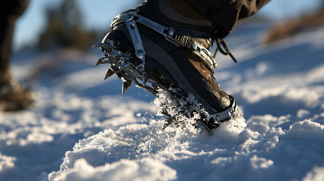 Bright winter mountain path extreme close up of a mountaineering boot with a steel crampon stepping into hard packed snow textured ice crystals sharp spikes clean daylight