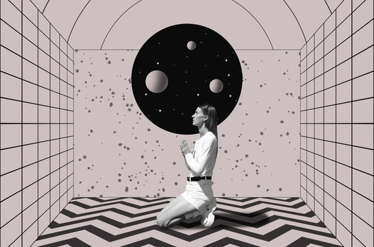 Collage art with a young woman  in a prayerful pose