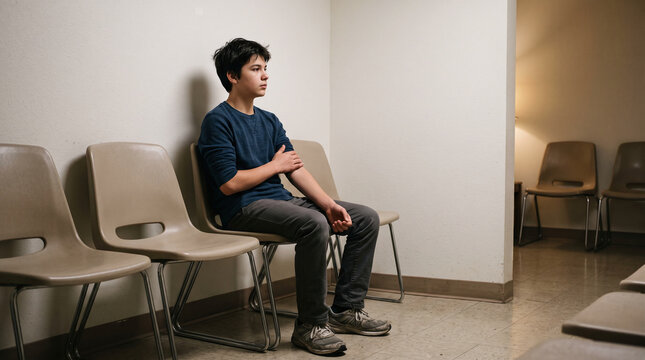 Teenage boy rubs his arm anxiously in a clinic waiting room
