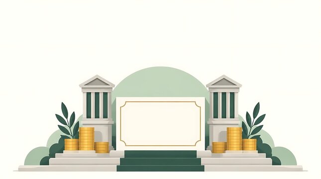 Professional Podium Stage with Classical Columns Gold Coins and Blank Frame for Text Presentation Success Financial Achievement Wealth Growth Concept Illustration Vector