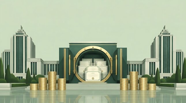 3D illustration of an open green bank vault containing certificates and surrounded by stacks of gold coins against a modern city skyline, symbolizing wealth and secure financial investment.