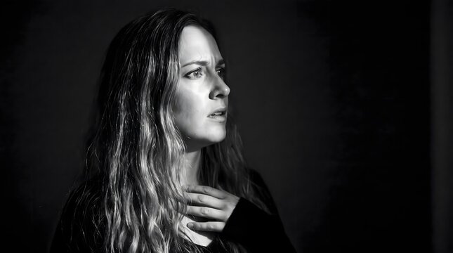 Black and white shot of an emotional woman indoors, staring out the window with a startled and fearful look, hand resting on her chest.