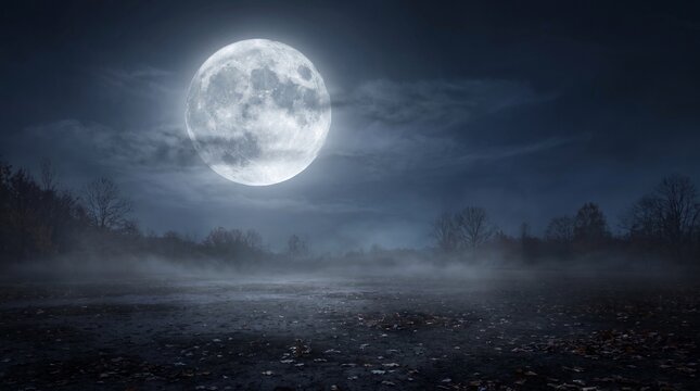 Full moon glowing over misty field with silhouetted trees at night