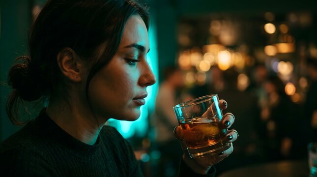 Expressive close-up of a woman sipping a mixed drink alone at night, highlighting emotional depth and cinematic color grading.