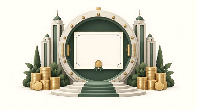 3D Islamic finance stage with blank certificate, gold coins, and mosque towers on white background for banking or success concept