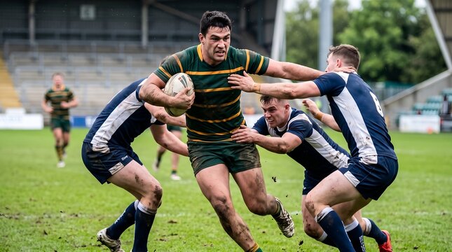 Fierce rugby action as a determined player in green carries the ball, breaking through a tough tackle by three defenders on a muddy field.