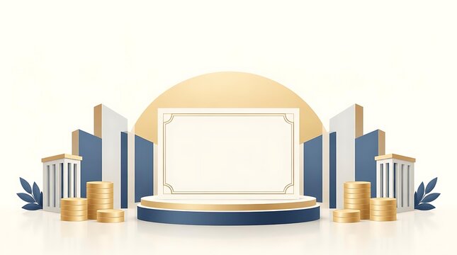 Elegant 3D podium stage with stacks of gold coins and a blank frame for business promotion and financial success concepts.