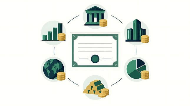 Flat illustration of a diversified investment portfolio featuring asset classes like real estate, gold, stocks, and global markets around a central certificate.
