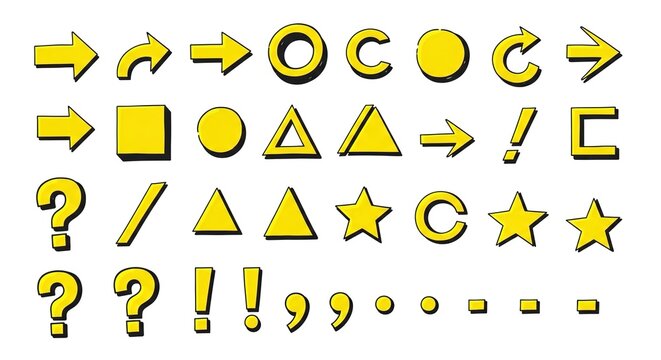 Yellow and black doodle icon set containing arrows circles triangles stars question marks exclamation marks and punctuation symbols for creative design projects and web interfaces