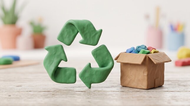 3D Clay Recycling Symbol with Cardboard Box Sustainability Concept