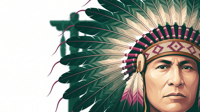 Indigenous person wearing colorful feather headdress and necklace  