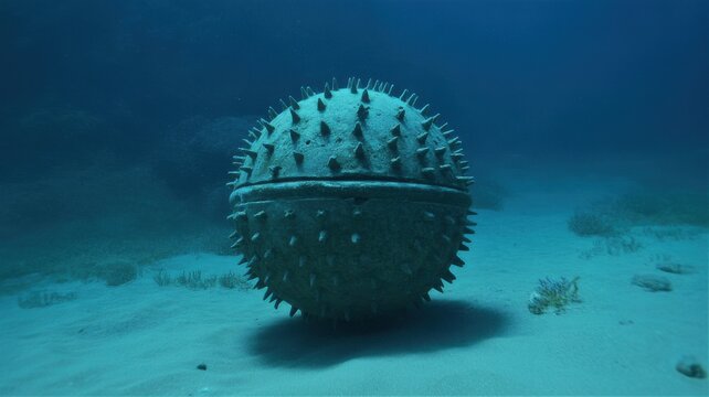 Ancient stone spiked sphere resting on sandy ocean floor underwater.