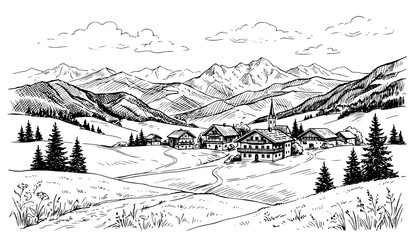 Fototapeta premium Trins Tyrol Austria Alpine Mountain Village Landscape Sketch Vector