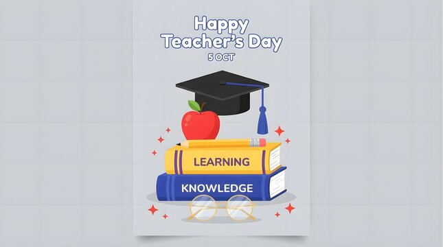 Happy teachers day greeting card design with graduation cap, red apple, stack of books, pencil and glasses on a light gray background
