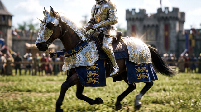Armored Knight in Silver and Gold Plate Riding a Horse with Blue Lion Barding in a Medieval Tournament