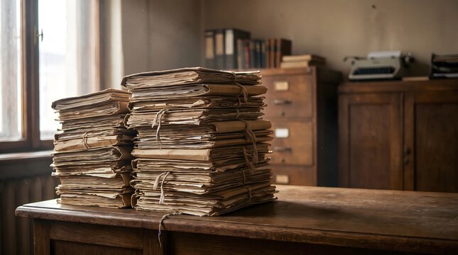 Tall stacks of old dusty paper files tied with string on a vintage wooden desk in a retro archive room