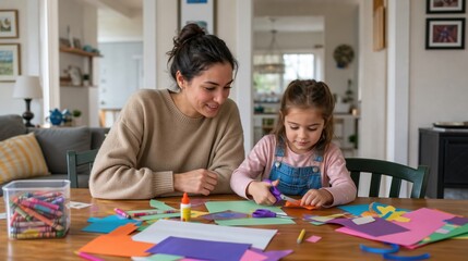 Obraz premium Happy Mother and Daughter Doing Arts and Crafts Together at Home