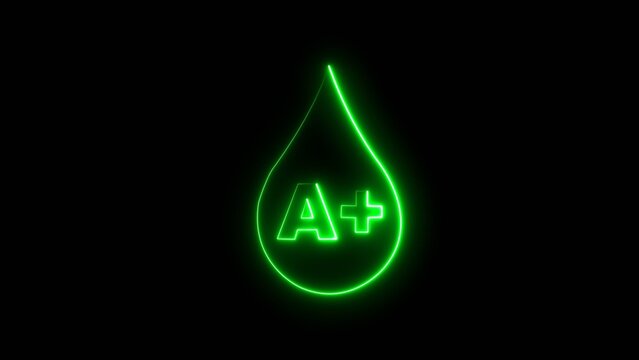 Green neon blood drop icon with letter A positive grade