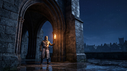 Fototapeta premium Templar Knight Wearing a Crusader Armor Holding a Glowing Torch Under an Ancient Stone Arch at Night