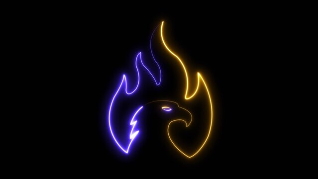 Neon purple eagle head silhouette with fiery flames glowing