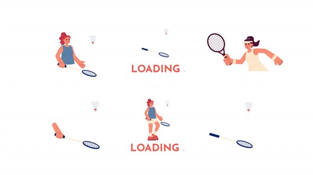 Badminton loading cartoon animation pack. Female tennis athlete swing with racket. Woman player serving shuttlecock in active pose animated flat 4K video collection isolated on transparent background
