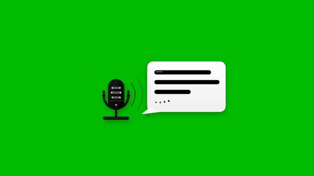 Podcast day microphone recording icon emitting audio sound waves beside chat bubble animation on chroma key green screen background in 2D flat motion graphic style