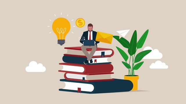 Online education. Man sitting on pile of books. Concept illustration of online courses, distance studying, self education, digital library. E-learning banner. Animation video