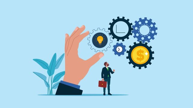 Business people with gear system move. Optimize cost and expense for better profit strategy. Business animation vector