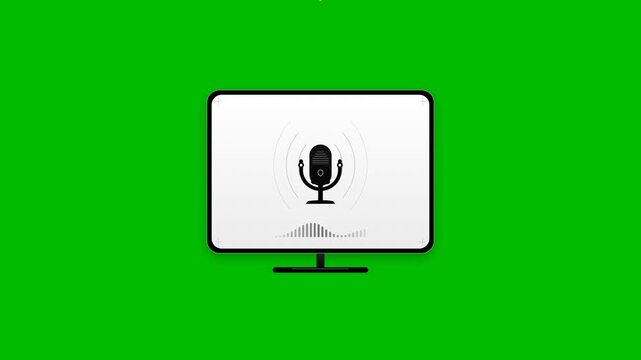 Podcast day microphone recording icon with pulsing audio waves and animated equalizer waveform on computer monitor screen in 2D motion loop on green screen background