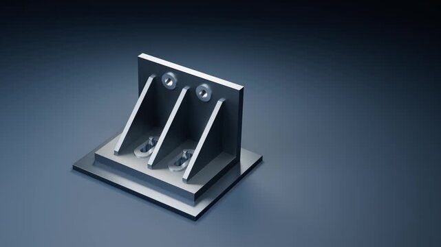 Cast metal bracket lowering onto guide pins and sliding along mounting slots, 3D animation