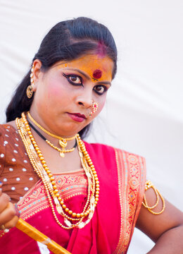 Beautiful young girls dressed as hindu goddes Durga
