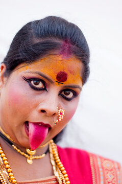 Beautiful young girls dressed as hindu goddes Durga